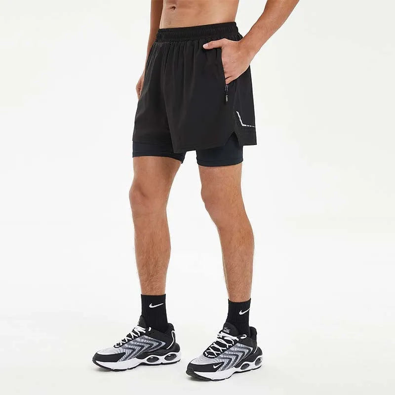 Men's black running shorts with quick-dry fabric and integrated support liner for fitness activities