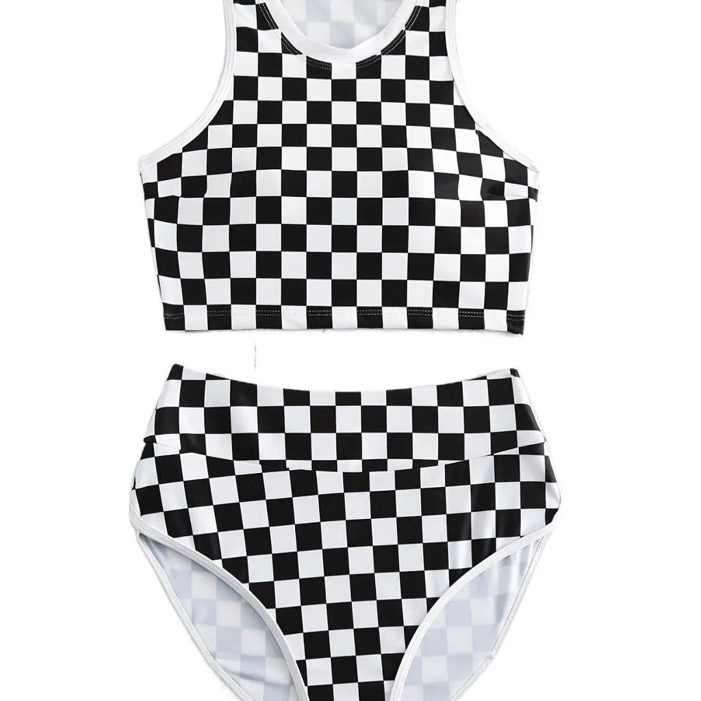Women's black and white plaid racing one-piece swimsuit with backless design and adjustable suspender straps.