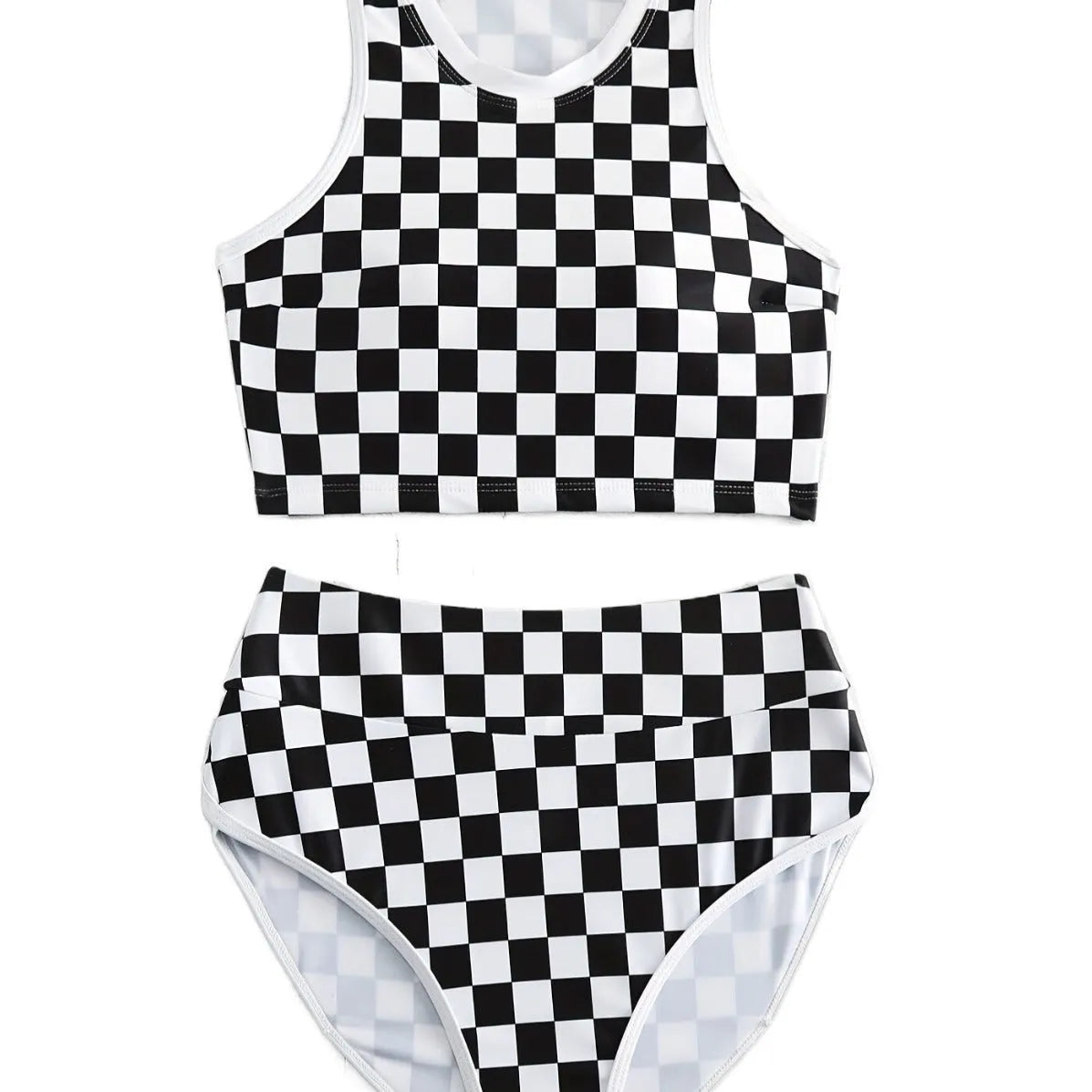 Women's black and white plaid racing one-piece swimsuit with backless design and adjustable suspender straps.