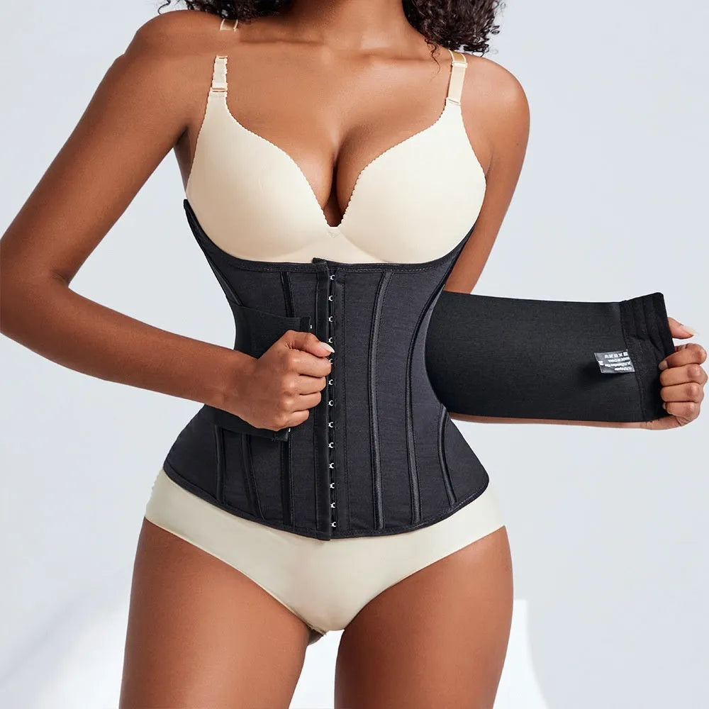 Nylon belly band waist trainer in black or apricot colour with an adjustable belt tie.