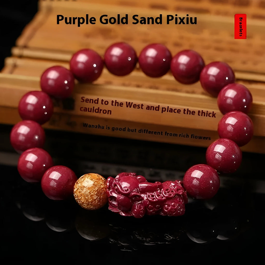 Polished cinnabar bracelet with purple gold sandstone beads and totem design in three size options