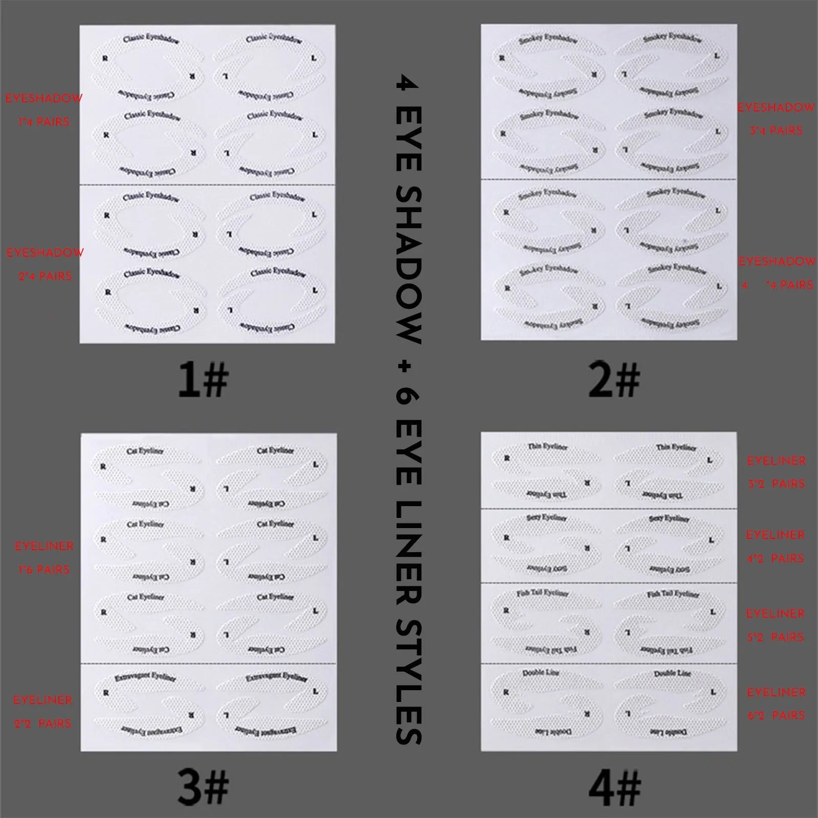 Set of four reusable flexible vinyl eyeliner and eyeshadow makeup stencil stickers on a table.