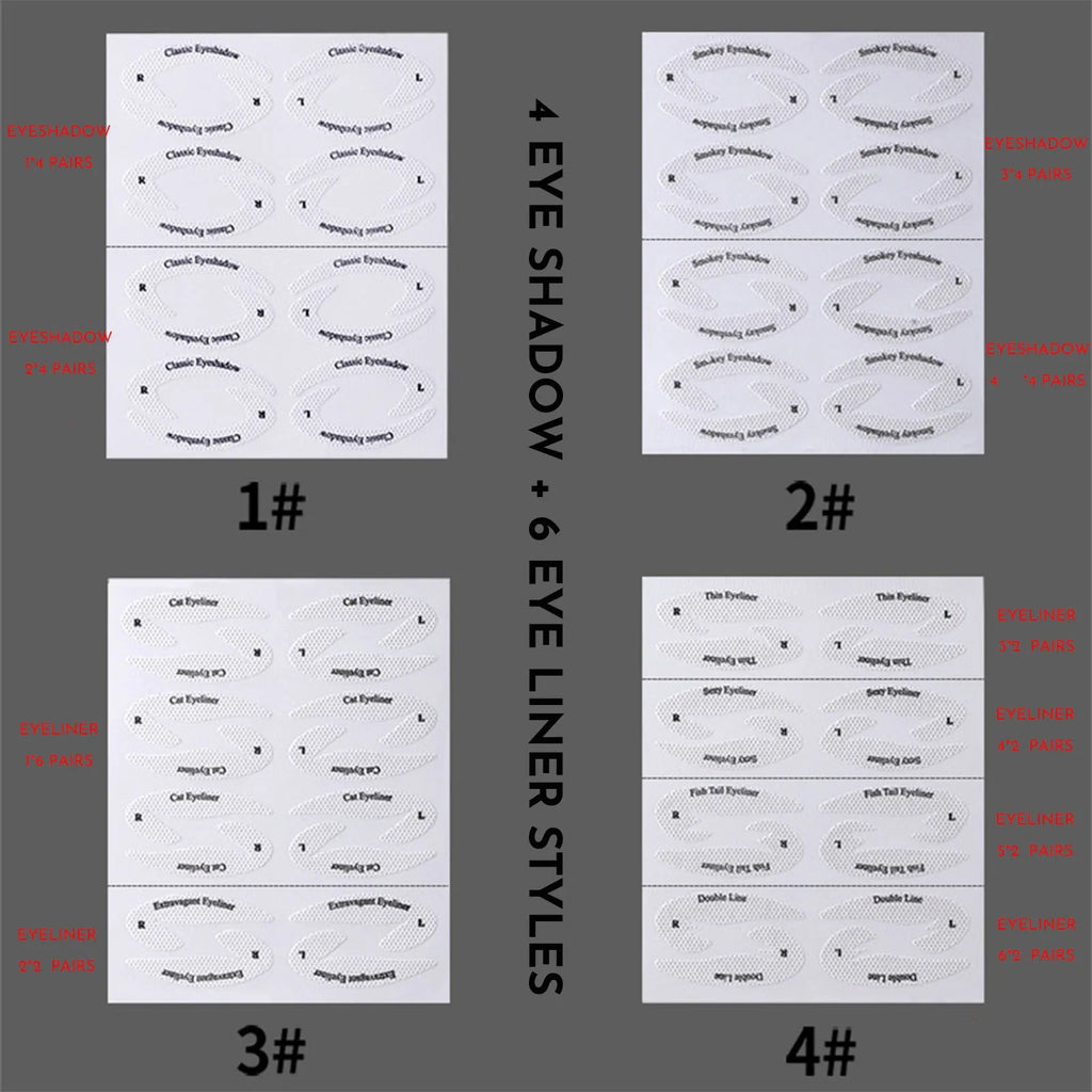 Set of four reusable flexible eyeliner and eyeshadow makeup stencil templates on a pink background