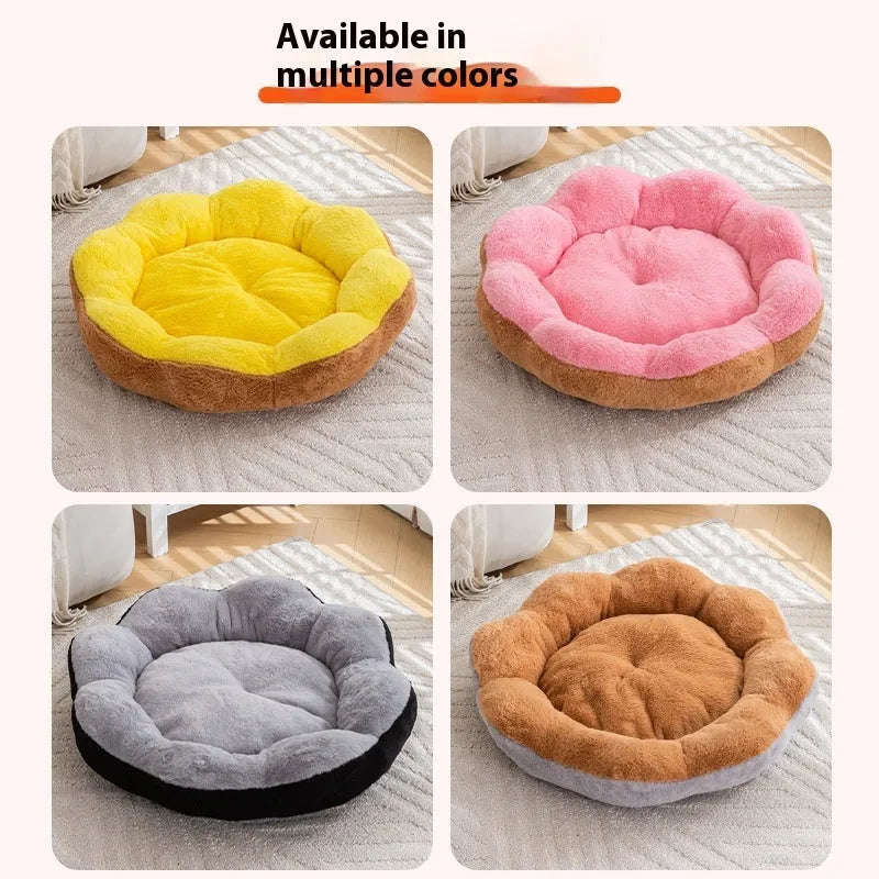A thick, plush round cat bed with a removable cushion in a brown grey colour.