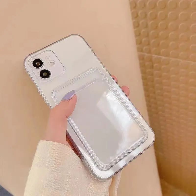 Clear transparent PVC iPhone case with a credit card visible in the integrated rear slot.