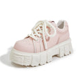 Beige and pink women's casual leather shoes with a spring muffin bottom design.