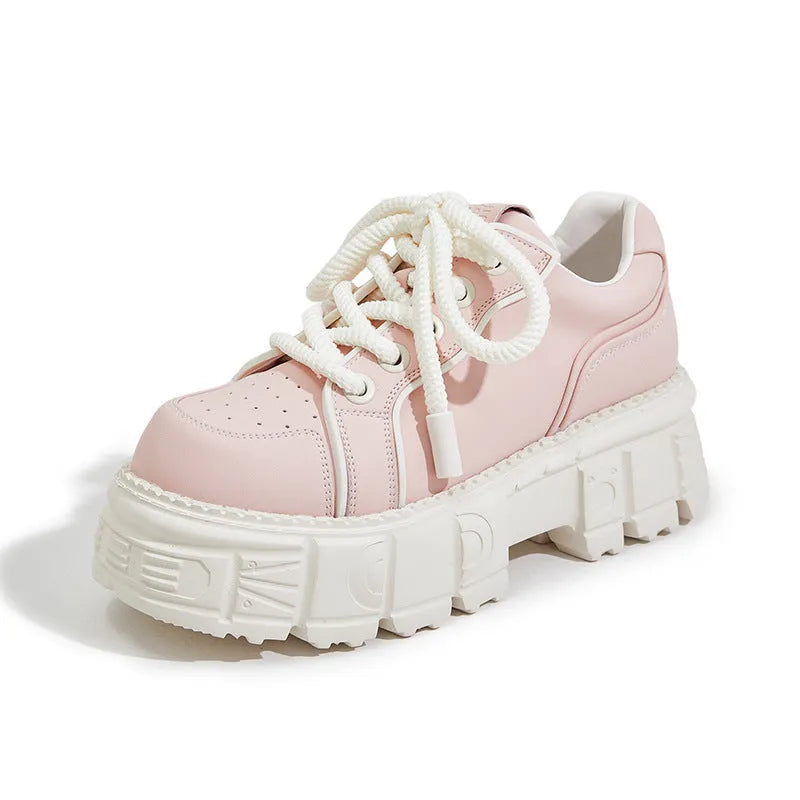 Beige and pink women's casual leather shoes with a spring muffin bottom design.