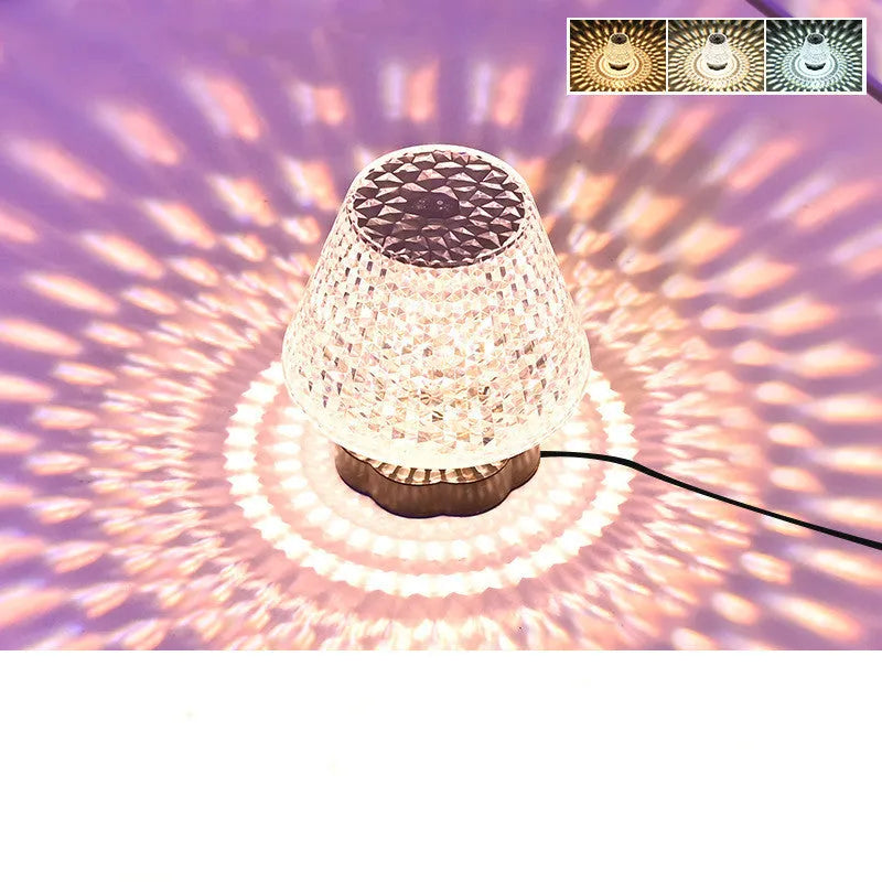 Crystal table lamp with touch sensor base showing three colour temperature options on tabletop
