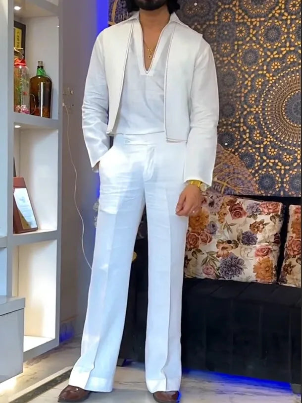 White polyester three-piece outfit set with V-neck shirt, sleeveless vest and trousers