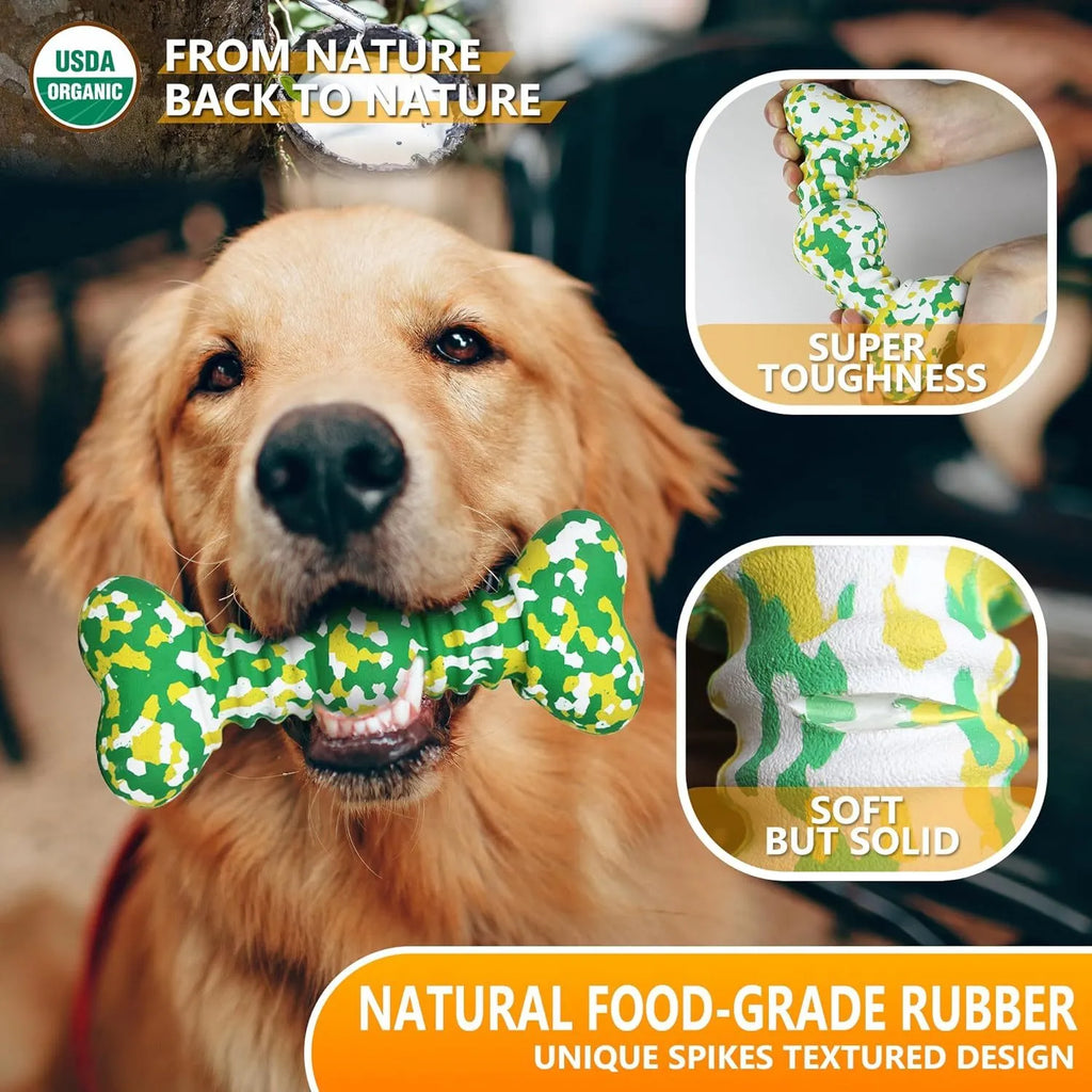 Green, white, and yellow camouflaged natural rubber bone-shaped chew toy for large dogs.