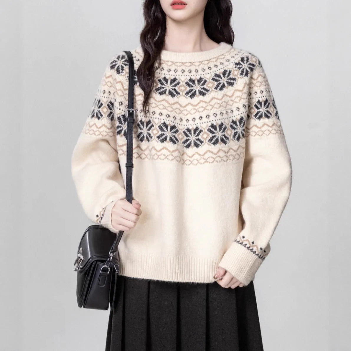 Women's milky white fair island geometric pattern knitted pullover sweater with crew neck.