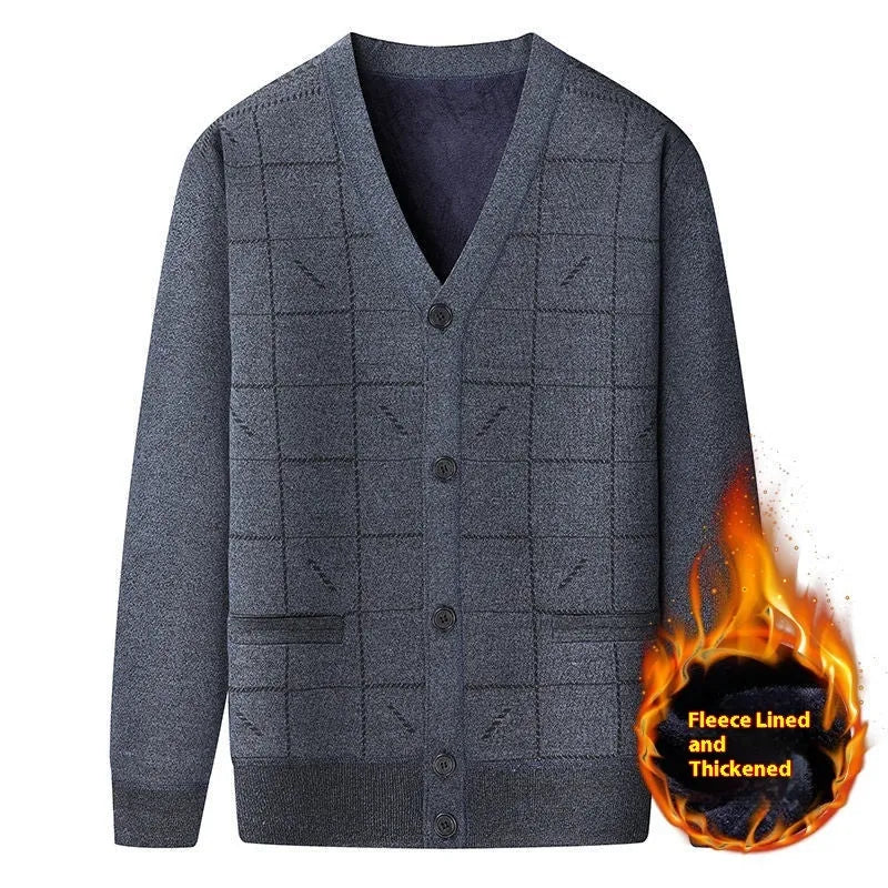 Men's grey batwing sleeve cardigan with velvet lining, shown on a hanger.