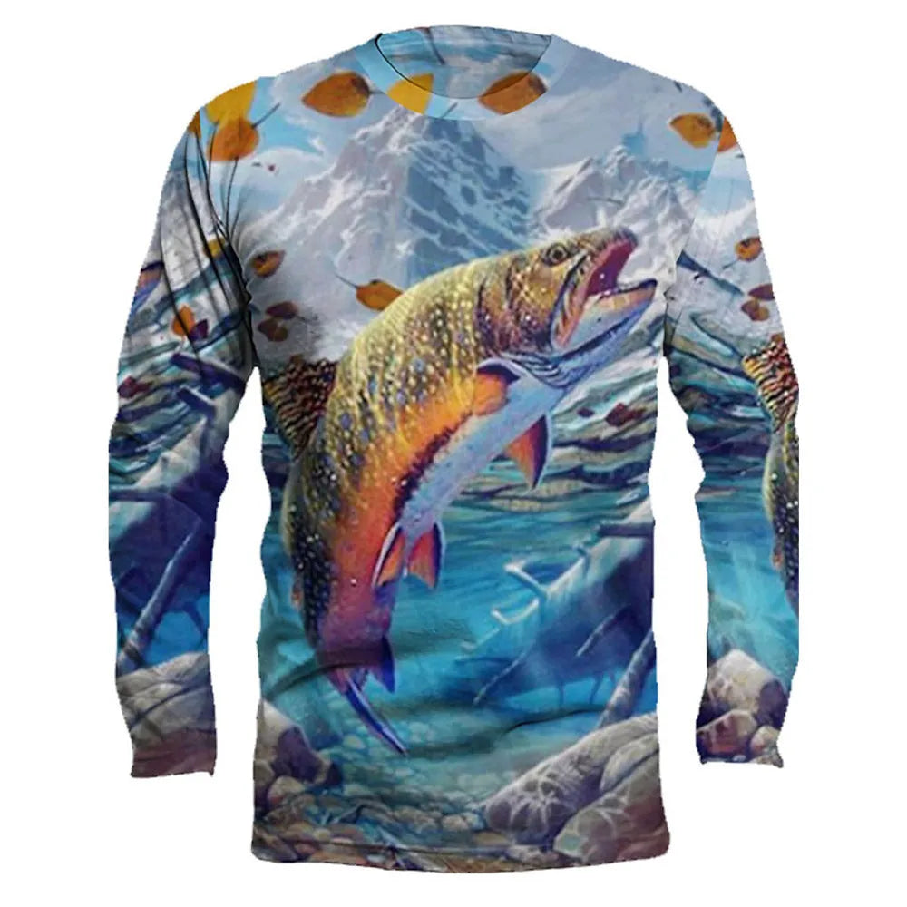 Men's long-sleeved pullover top with a printed fish pattern on a milk silk fabric.