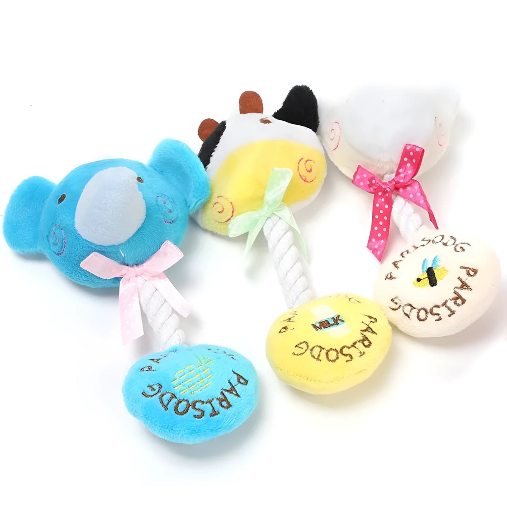 Dog plush toy with squeaker and cotton rope in animal designs including frog, elephant, cow, and bear