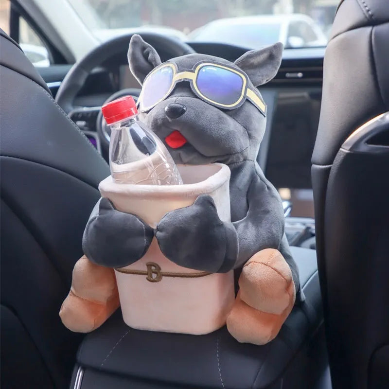 Plush car tissue box organiser hanging from vehicle flip armrest