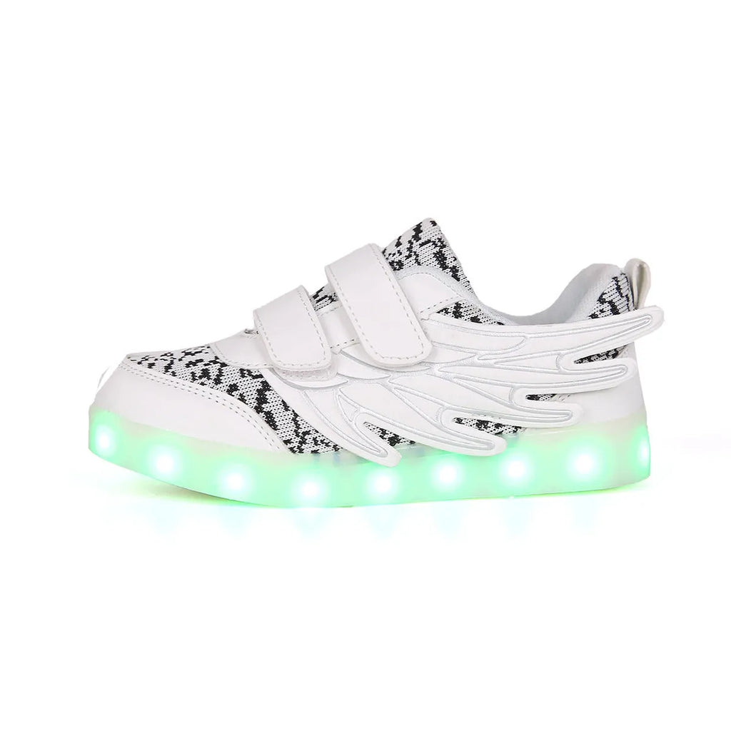 Children's plum red and white LED light-up sneakers with USB charging port and colourful luminous soles