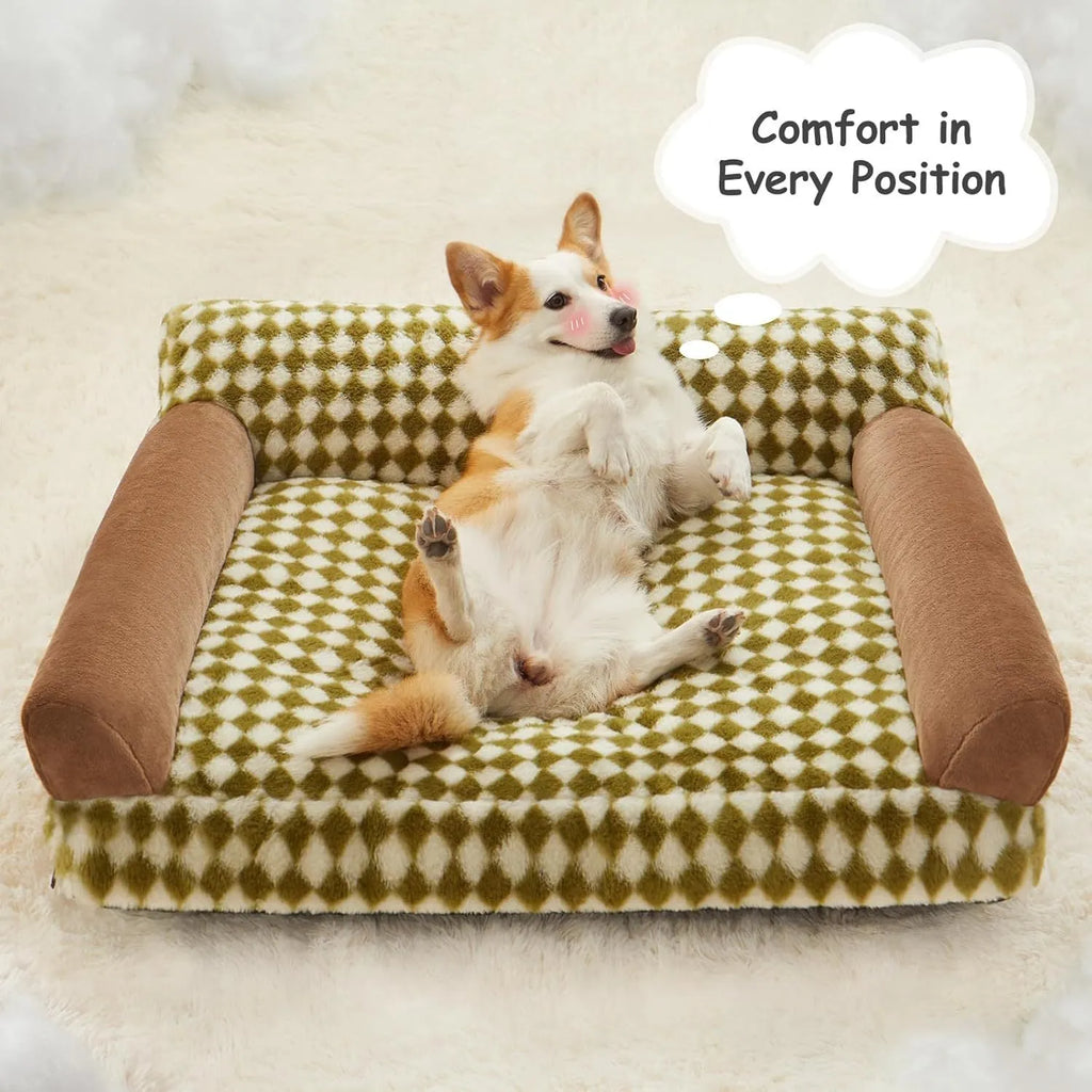 Small grey checkered pet sofa bed with a non-slip base and removable cover.