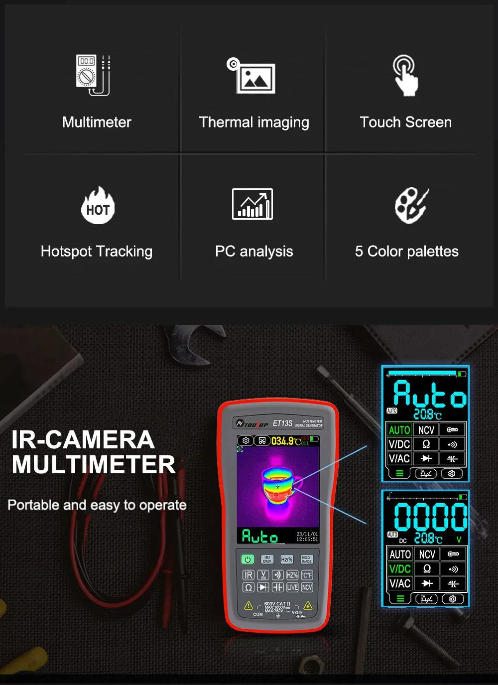 ET13S thermal imaging multimeter showing 192x192 resolution display with touch screen interface