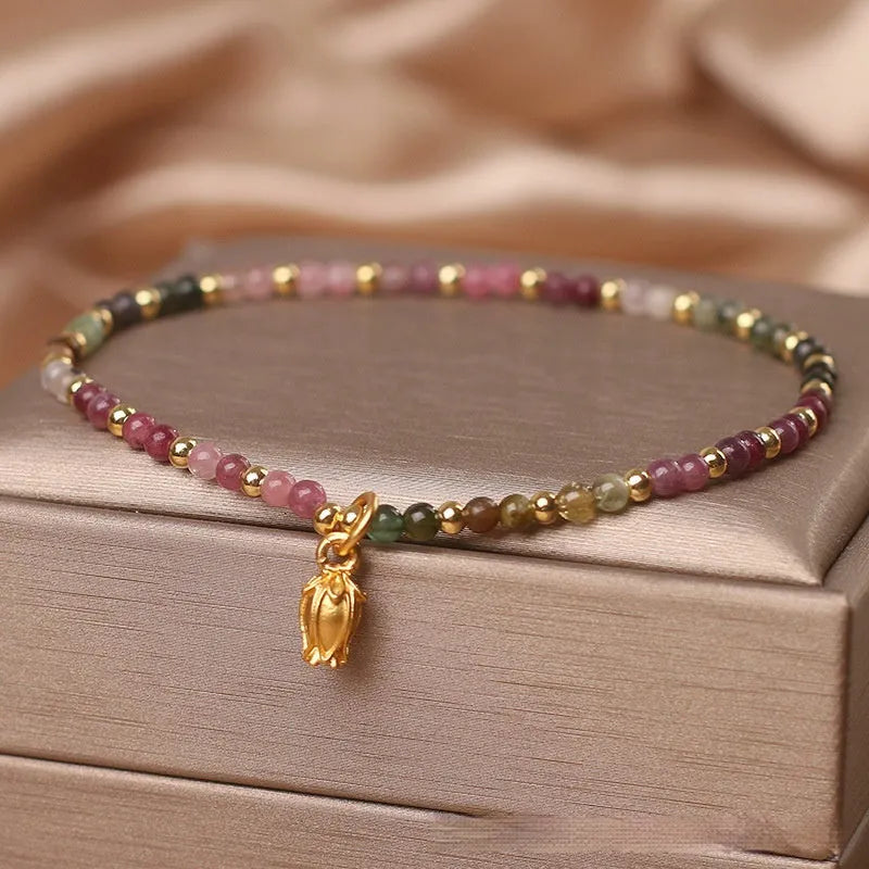 Women's natural tourmaline floral beaded anklet with delicate ankle chain