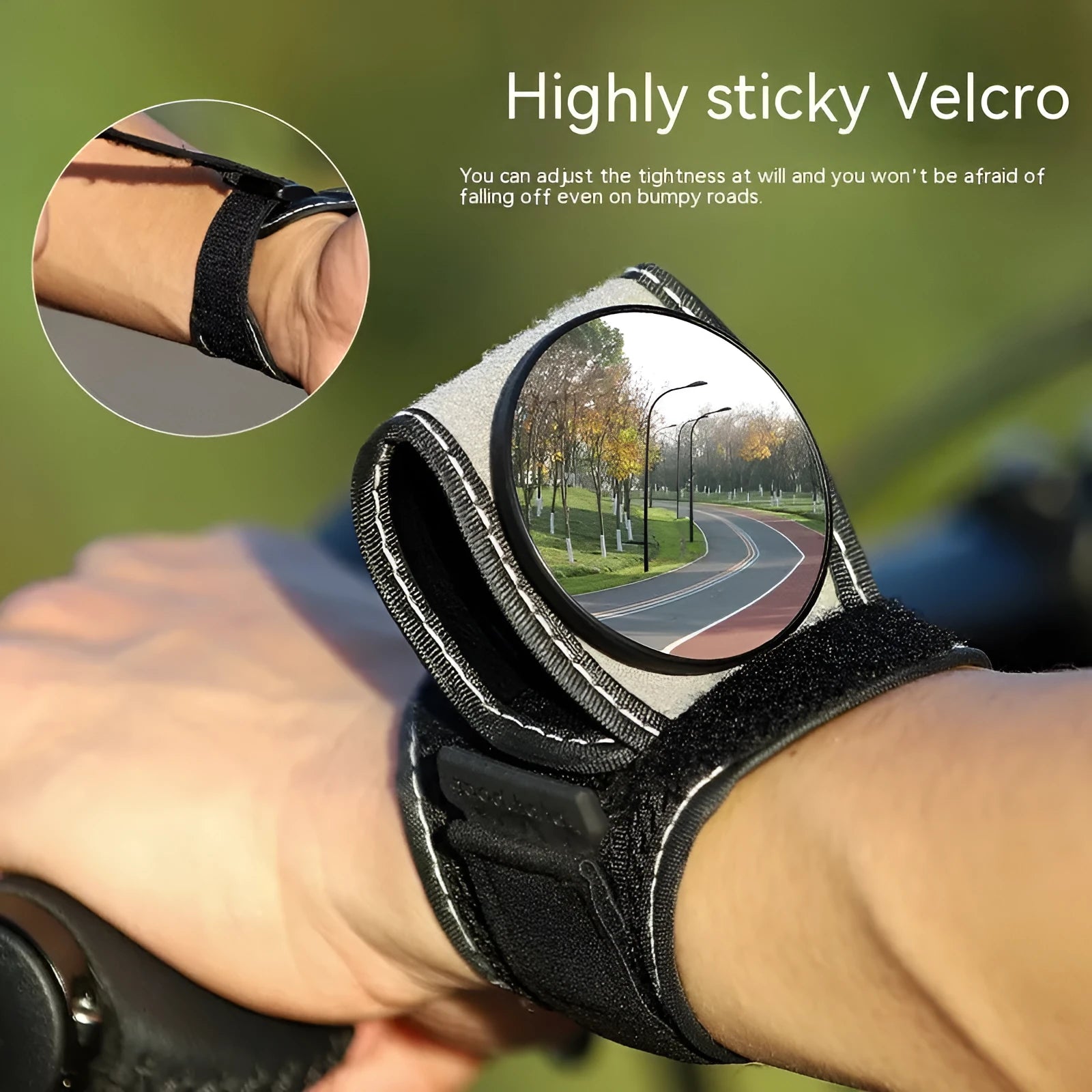 Black nylon bicycle rear-view mirror with wrist-style handlebar mount for cycling safety