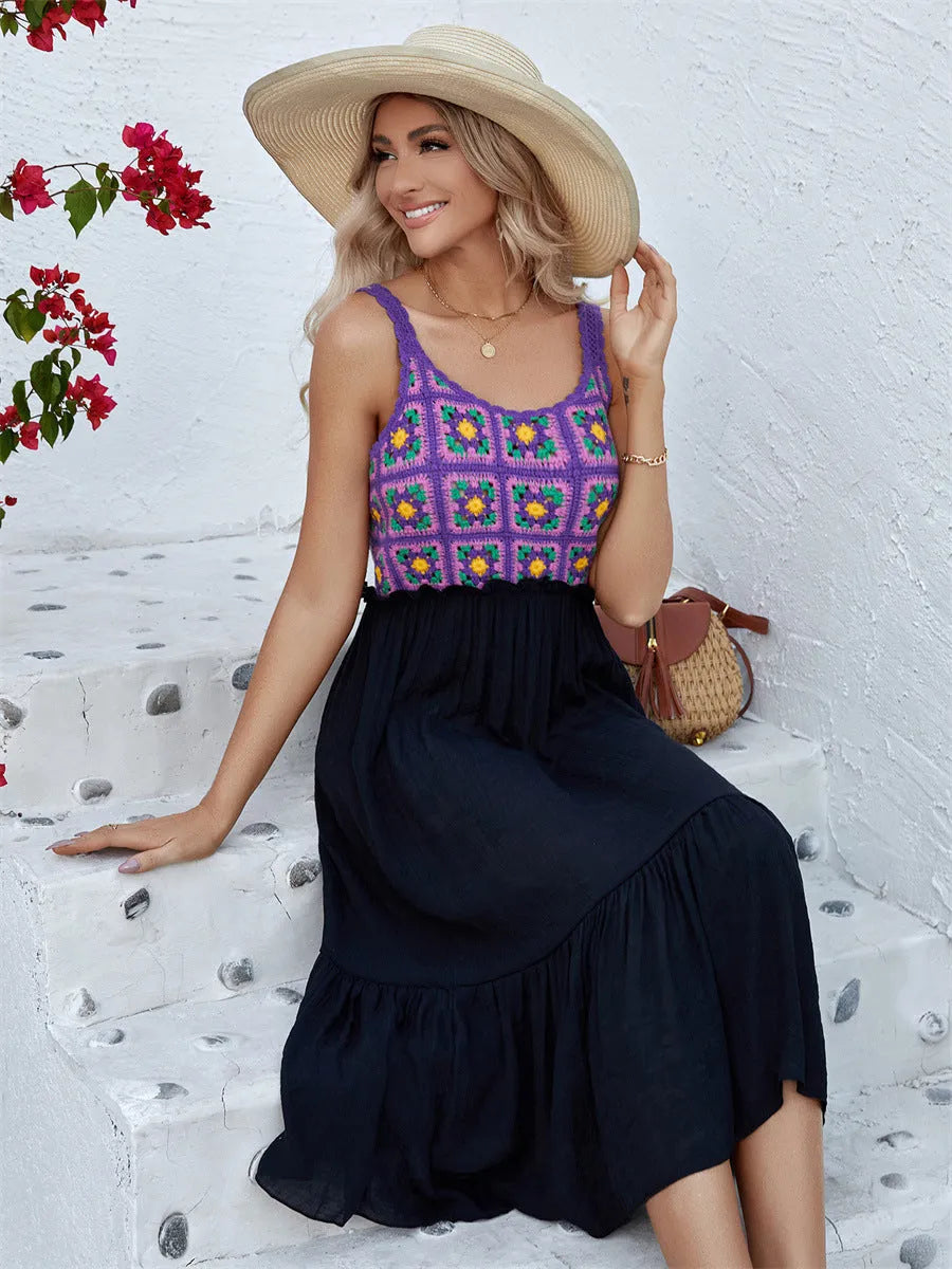 Purple sleeveless dress with hand-hooked floral embroidery on the front.