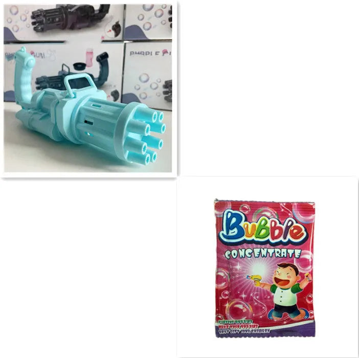 Children's ABS plastic bubble gun machine in pink with trigger and bubble head, used as a toy for outdoor parties