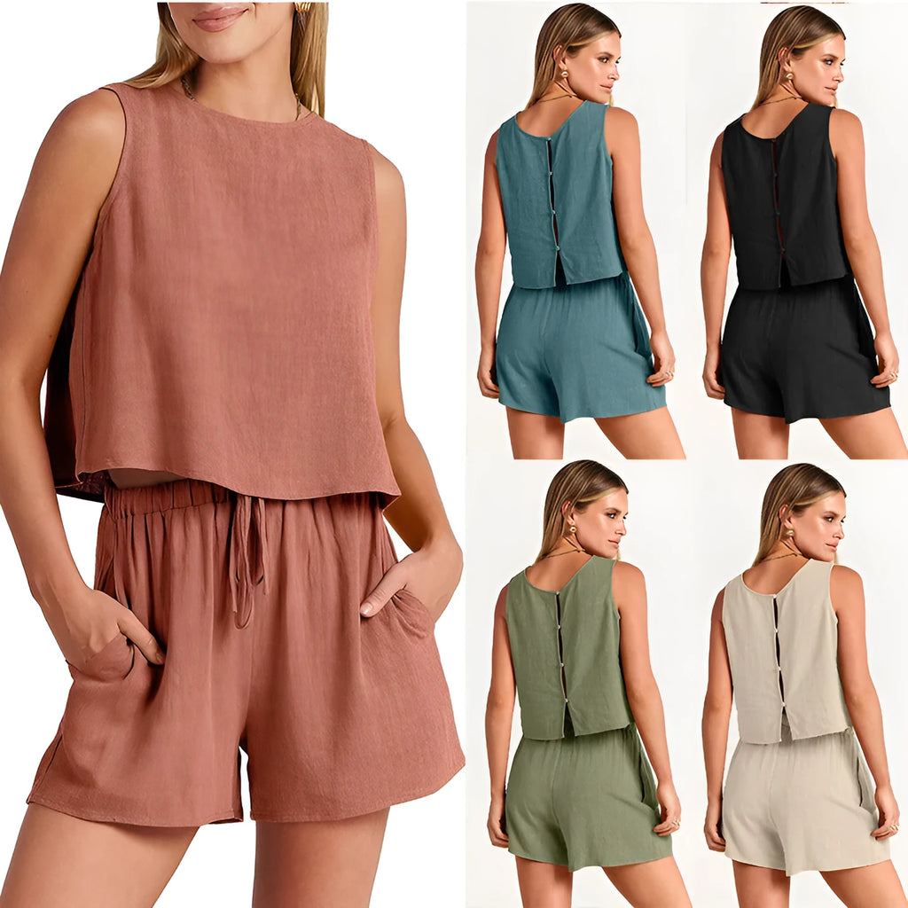 Women's sleeveless top and drawstring shorts summer set in a rayon-linen blend, shown in apricot colour.