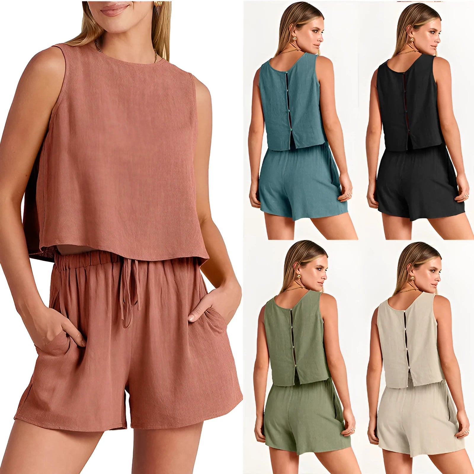 Women's sleeveless top and drawstring shorts summer set in a rayon-linen blend, shown in apricot colour.