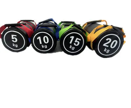 Flat white PVC fitness sandbag for weight lifting and strength training, shown with weight options.
