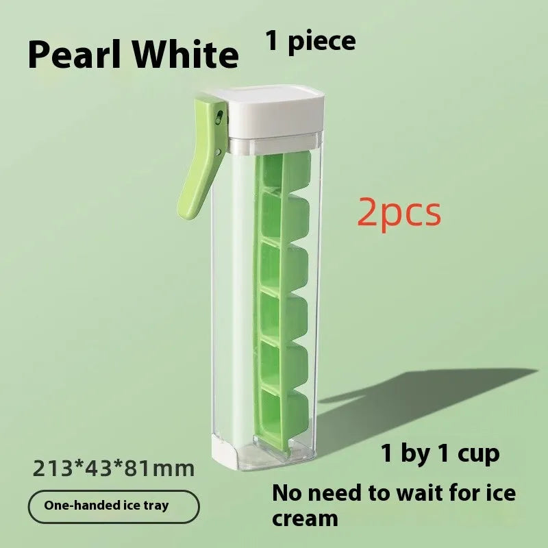 Food grade plastic ice cube tray with one-press release lever and storage box in Maldives blue or pearl white