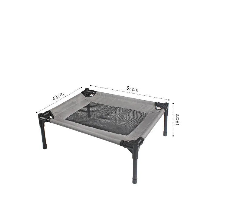 Black outdoor dog bed with removable Oxford cloth cover and steel frame, 55cm x 43cm