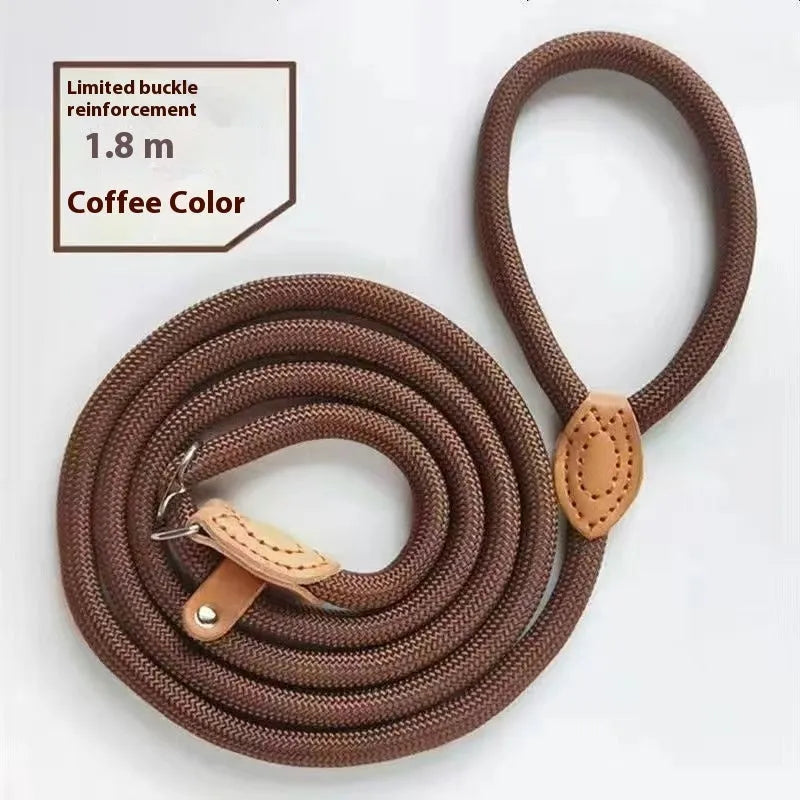 Nylon dog training rope in black, 1.5m length, 1.0cm thickness, on plain background
