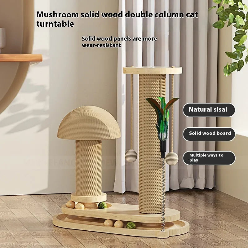 Solid wood cat scratching post with a central rotating turntable in a natural finish.