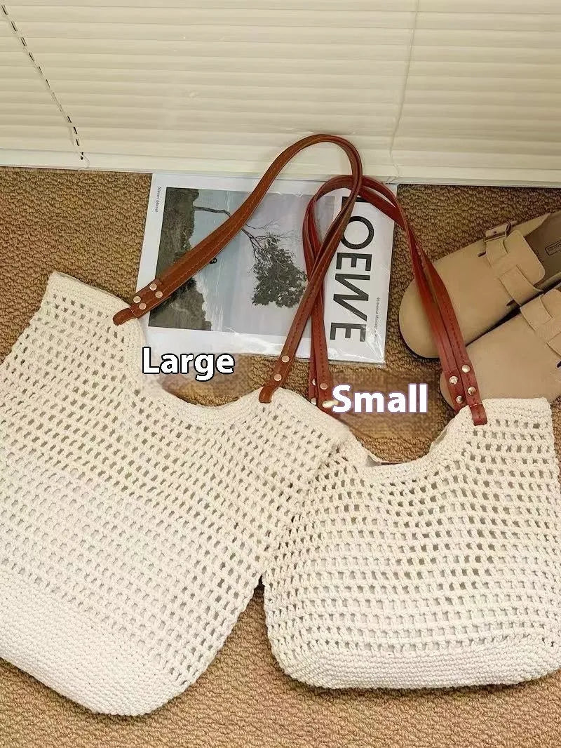Beige woven cotton linen shoulder bag with large capacity for seaside holidays