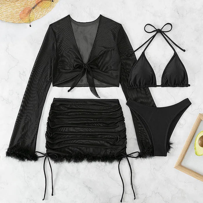 Black long-sleeve women's bikini top and briefs set for swimming sports.
