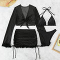 Black long-sleeve women's bikini top and briefs set for swimming sports.