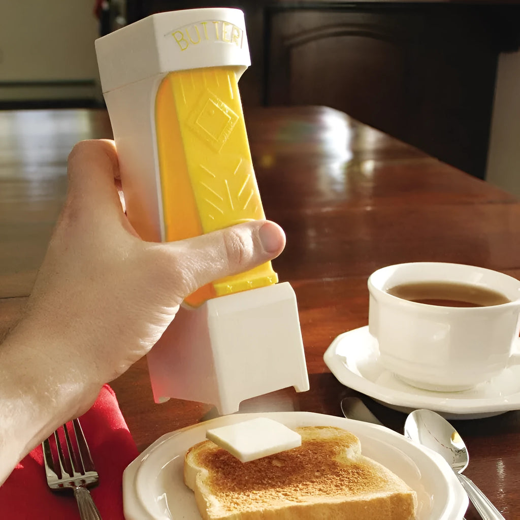 Yellow butter cutter with stainless steel blades for portioning standard butter bars