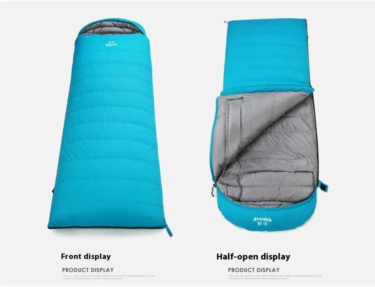 Black outdoor sleeping bag with envelope design, shown with options for goose down or velvet insulation weights.