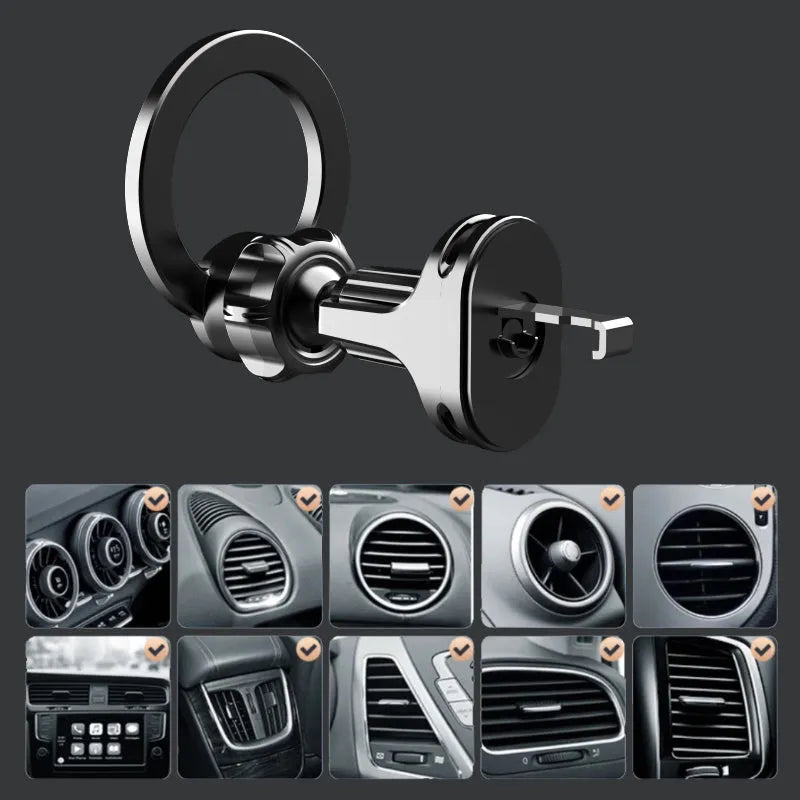 Black magnetic suction car air vent mobile phone holder with O-ring bracket.