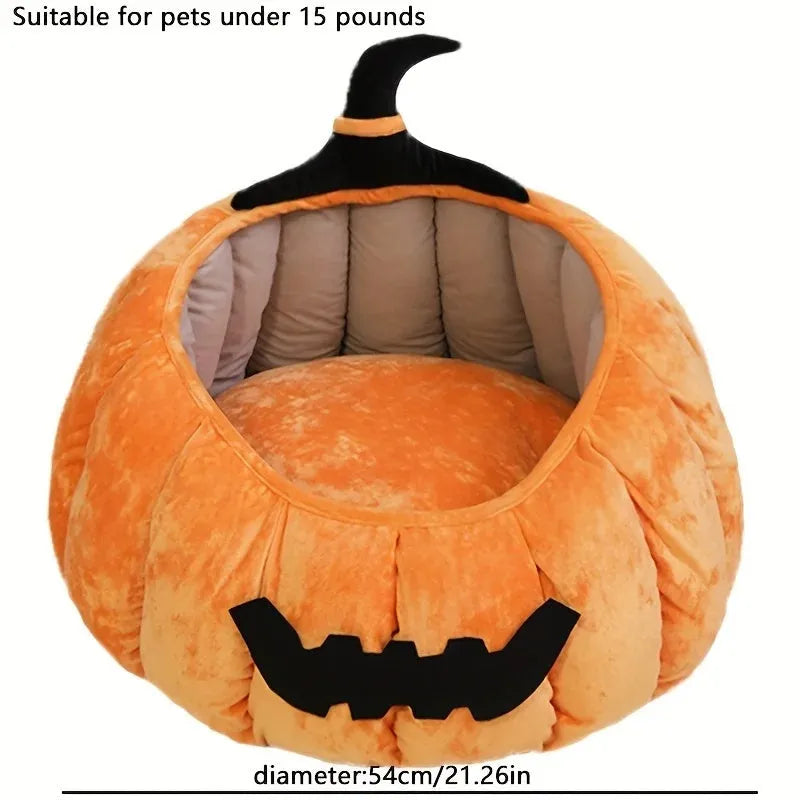 Halloween pumpkin devil design plush cat bed for cats and small dogs in orange colour