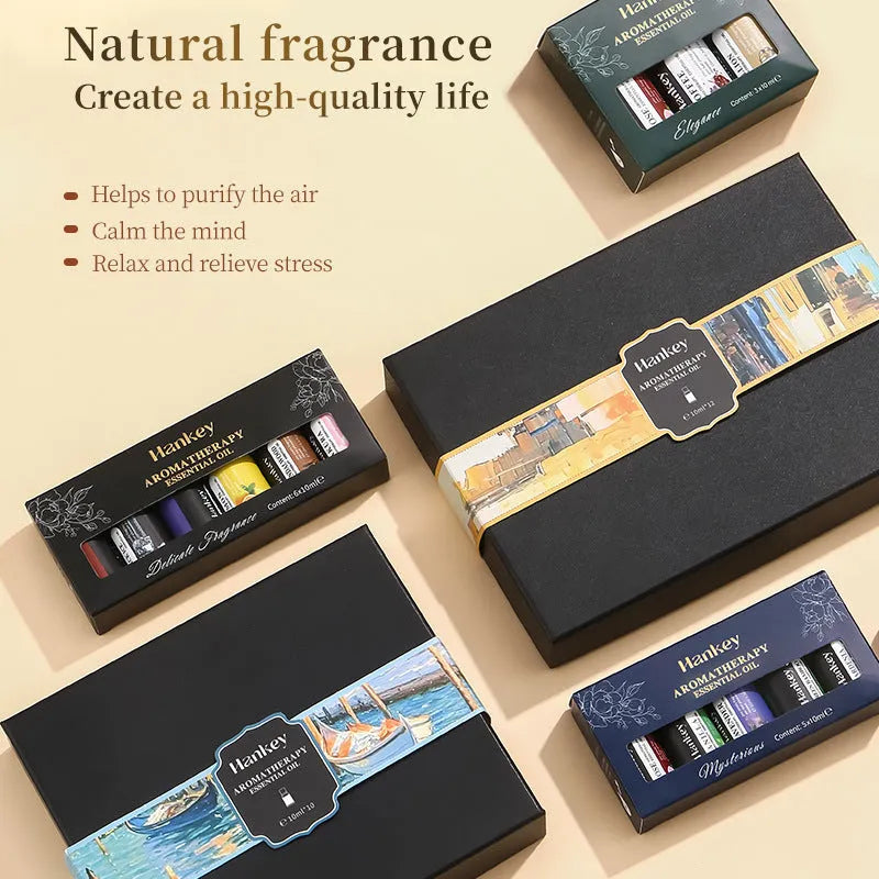 Boxed water-soluble aromatherapy essential oil sets showing multiple vial quantities for diffuser use
