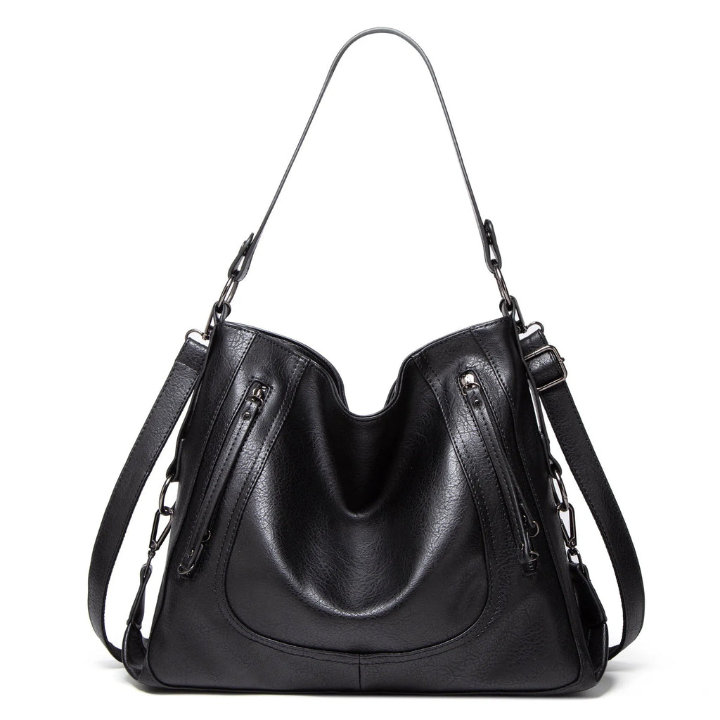 Fashion large capacity PU tote bag in beige with sewing line detail, sandwich pocket, and single shoulder strap.
