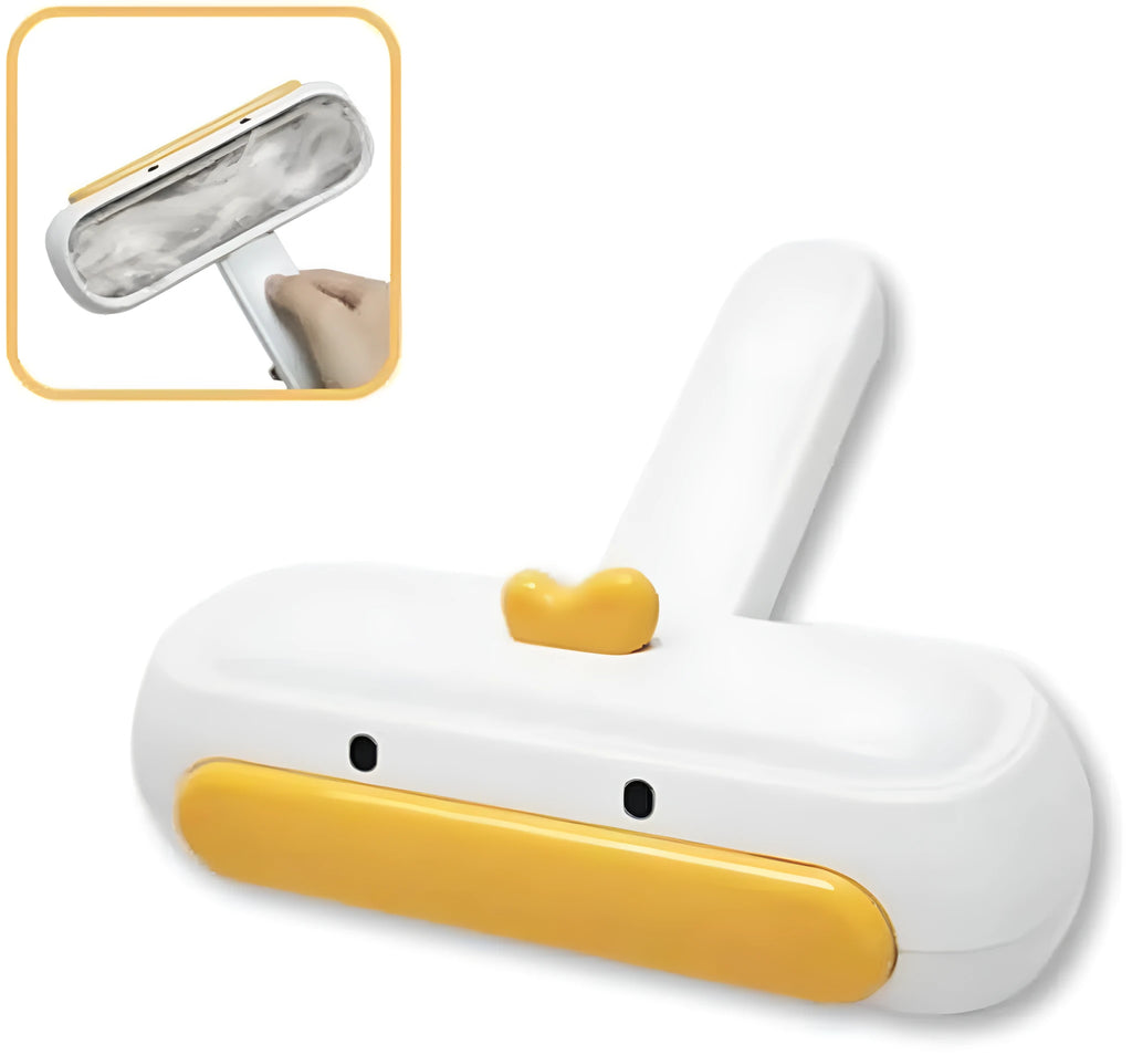 Yellow duck design portable pet hair remover brush with plastic body and polyester bristles.