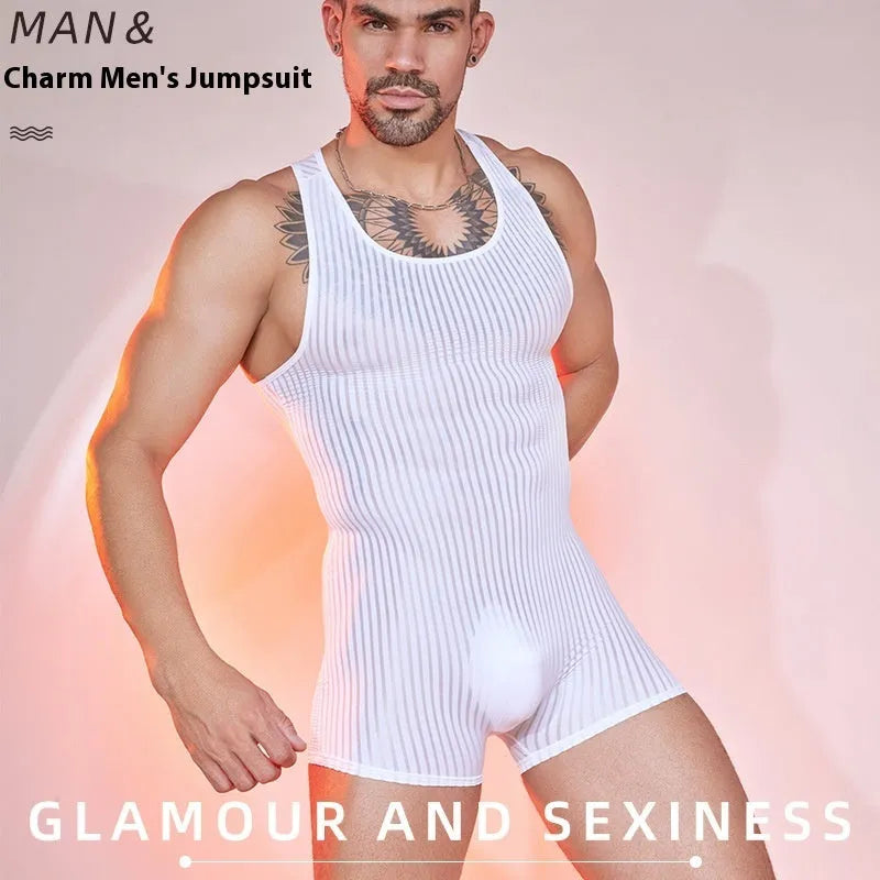 Men's striped nylon jumpsuit in black colour with wide vertical bar pattern, lightweight breathable fabric