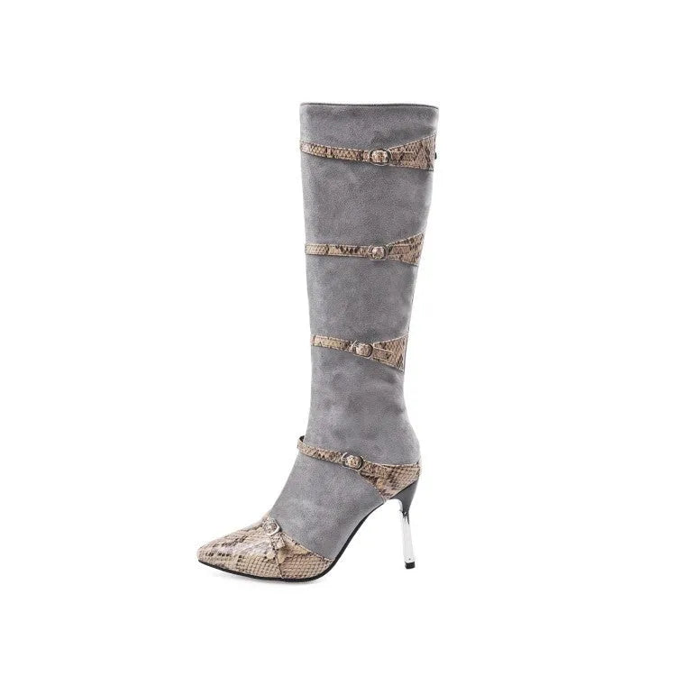 Women's knee-high black boots with thin 9cm heels and pointed toe design