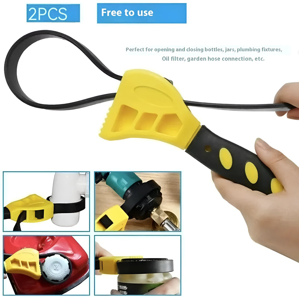 A 6-inch and an 8-inch rubber strap wrench set on a workbench, showing the adjustable rubber strap and plastic handle.