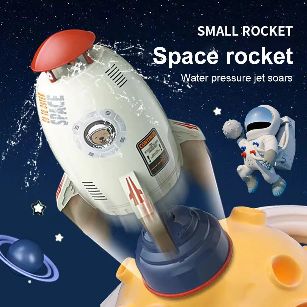 Yellow water pressure rocket launcher toy with base and interface connectors for outdoor garden play