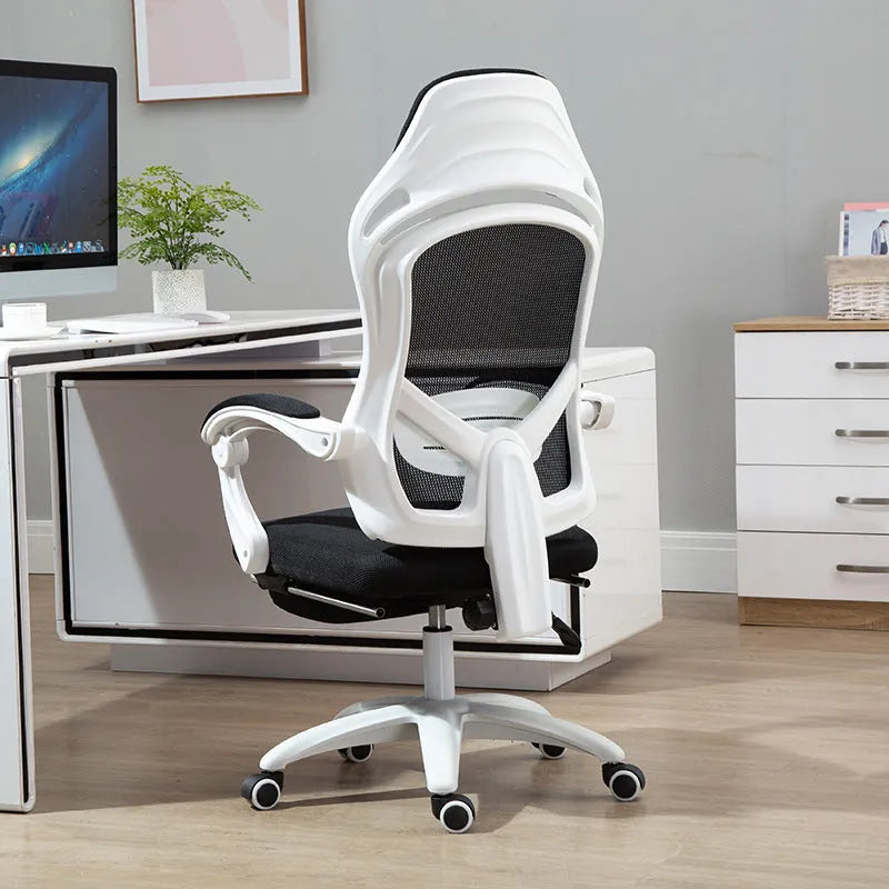 Black and white ergonomic computer gaming chair with linkage armrests and recline function.