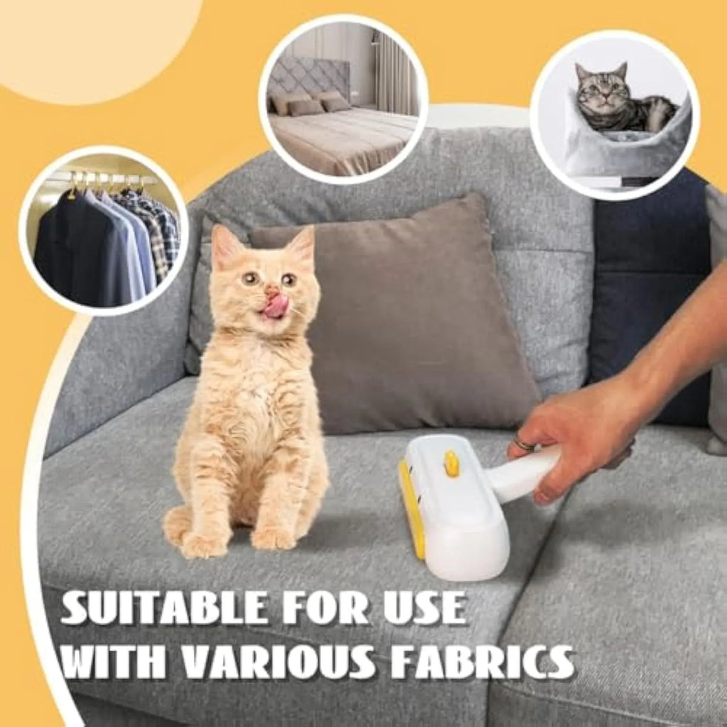 Yellow duck design portable pet hair remover brush with plastic body and polyester bristles.
