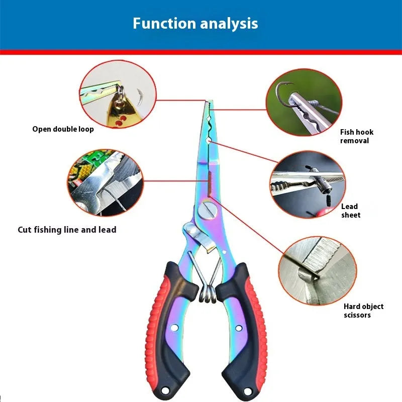 PE39 stainless steel multifunctional fishing pliers with straight mouth, hook, and blue plastic handles.